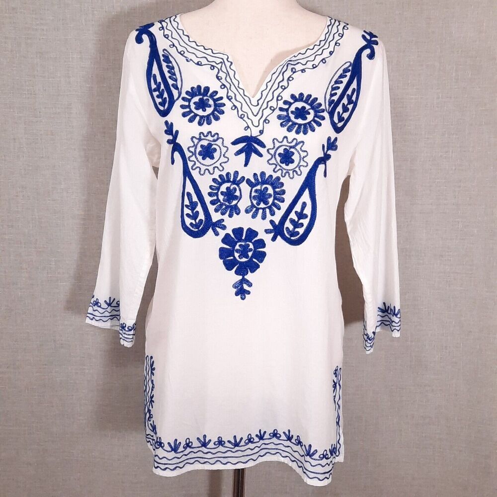 Sita Women's Floral Embroidered Tunic Size Small White 100% Cotton 3/4 Sleeve